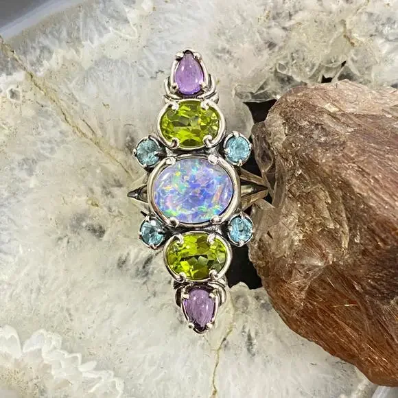 Carolyn Pollack Sterling Silver Elongated Multi Gemstone Ring Size 8 For Women - Picture 4 of 10